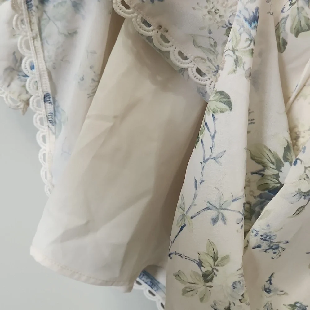 Altar'd State Fern Floral Mini Dress Ivory Blue Babydoll Puff Sleeve Cottagecore - Picture 12 of 14